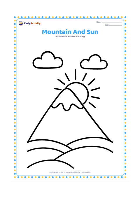 Colouring page: Draw one large triangular mountain with a snowcap, a rising sun behind it and two simple clouds. Add a few curved ground lines at the bottom.