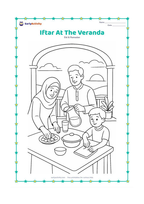 Colouring page: Draw an Indian family preparing an iftar meal on a shaded veranda, with one person arranging dates, another pouring water, and a child placing napkins. Add railings, plants, and a sunset…