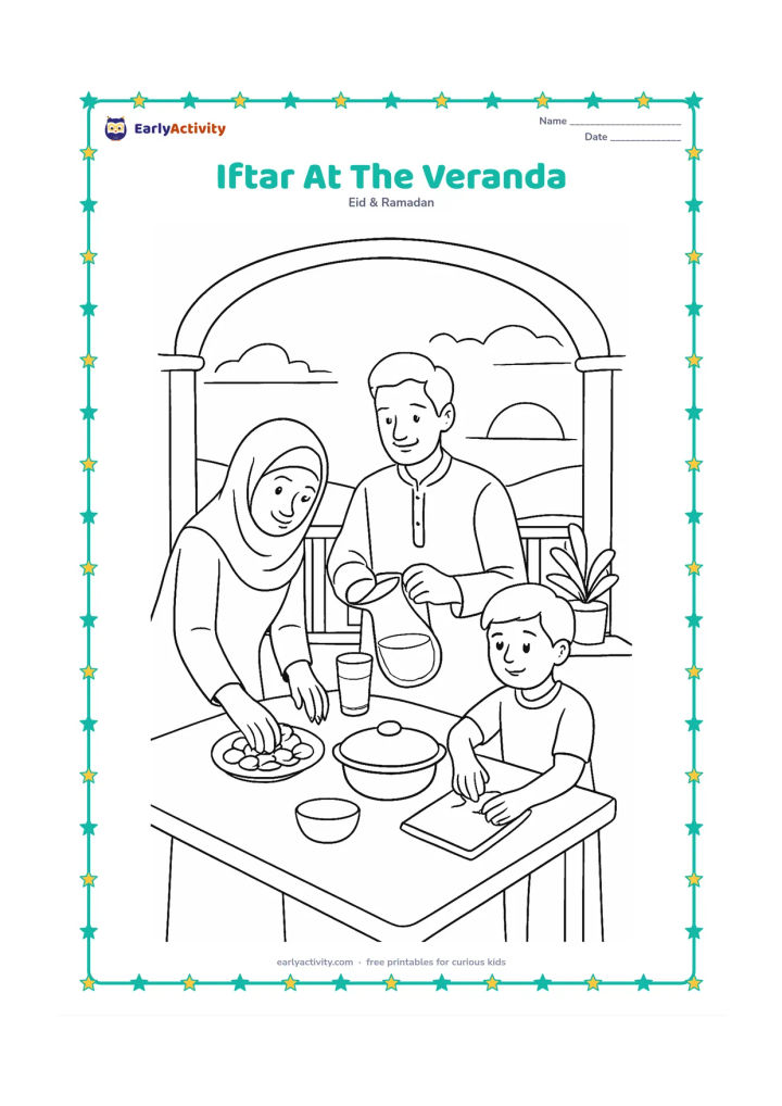 Colouring page: Draw an Indian family preparing an iftar meal on a shaded veranda, with one person arranging dates, another pouring water, and a child placing napkins. Add railings, plants, and a sunset…