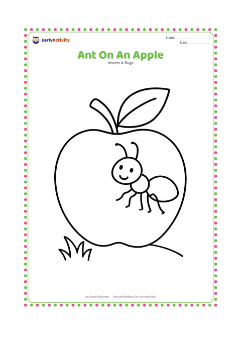 Colouring page: A single ant walks across the curved surface of a large apple. Include one leaf and a simple patch of grass beneath the apple.