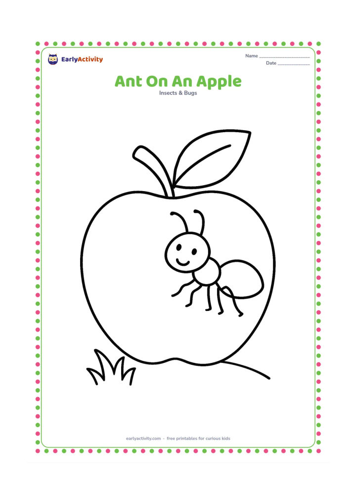 Colouring page: A single ant walks across the curved surface of a large apple. Include one leaf and a simple patch of grass beneath the apple.