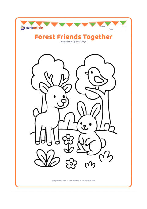Colouring page: Draw a smiling deer, rabbit and bird standing among three rounded trees, large leaves and simple flowers in a peaceful woodland clearing. Give each animal a different pose.