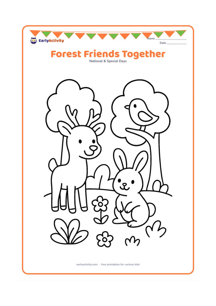 Colouring page: Draw a smiling deer, rabbit and bird standing among three rounded trees, large leaves and simple flowers in a peaceful woodland clearing. Give each animal a different pose.