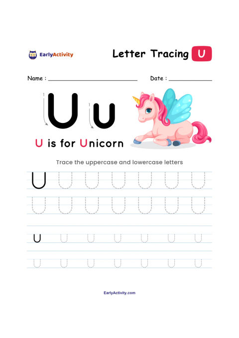 Colouring and tracing page with uppercase and lowercase U letters, dotted tracing lines, and a smiling pink unicorn with blue wings.