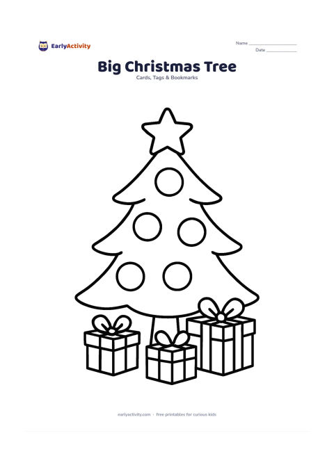 Worksheet: Draw a large friendly Christmas tree centred on the card, with oversized round baubles, a star topper and a few wrapped gifts at the base. Leave generous open spaces inside the tree and…