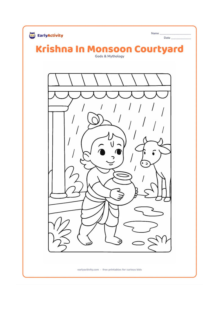 Colouring page: Baby Krishna stands beneath a covered veranda holding a butter pot while rain falls beyond the courtyard, with puddles, leafy plants and a cow sheltered nearby. Show the roof edge and…