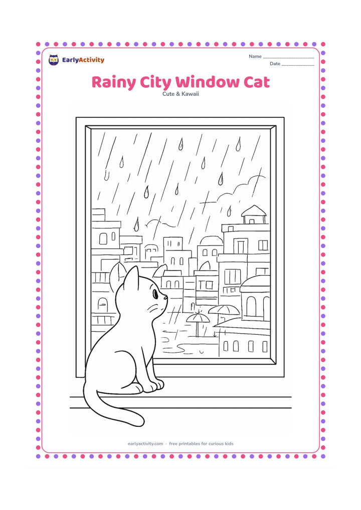 Colouring page: Draw a cat perched on a wide windowsill watching rain over a busy Indian city, with layered rooftops, balconies, distant umbrellas and water trails on the glass. Keep all buildings free…