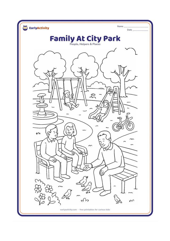 Colouring page: Show a large family group enjoying a city park, with children playing on swings and a slide while adults talk on benches and a grandparent feeds birds. Include trees, paths, flower beds,…