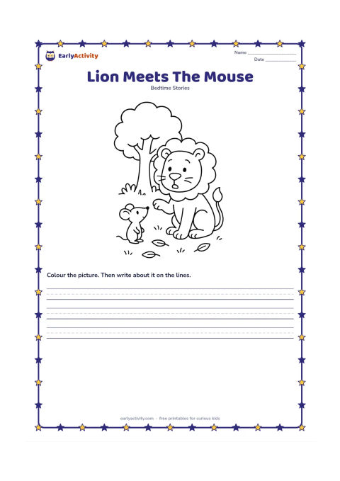 Printable: The lion sits calmly with one large paw lifted beside the tiny mouse, who stands upright and looks up at him. Include the shade tree, soft grass and a few fallen leaves.