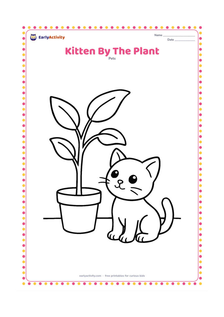 Colouring page: A kitten sits beside one large leafy houseplant in a pot, looking up at a dangling leaf. Show a plain wall and floor with simple curved shapes.