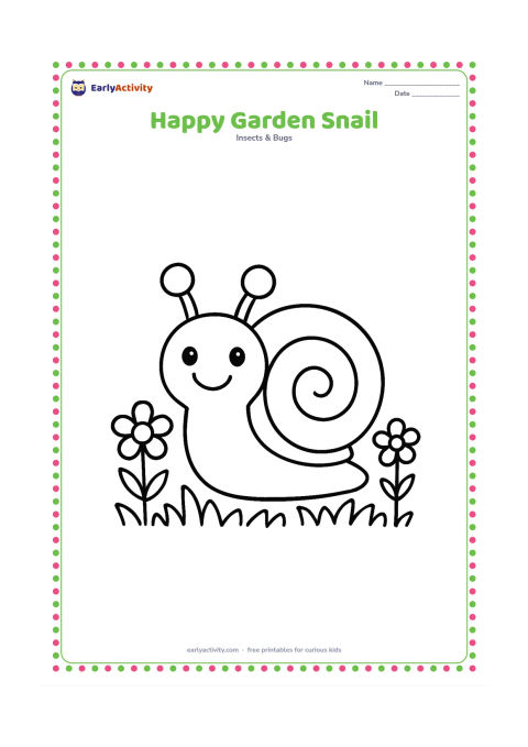Colouring page: Draw a smiling snail facing forward on short grass, with a large round shell, two feelers, and two simple flowers nearby. Keep the composition centered and open.