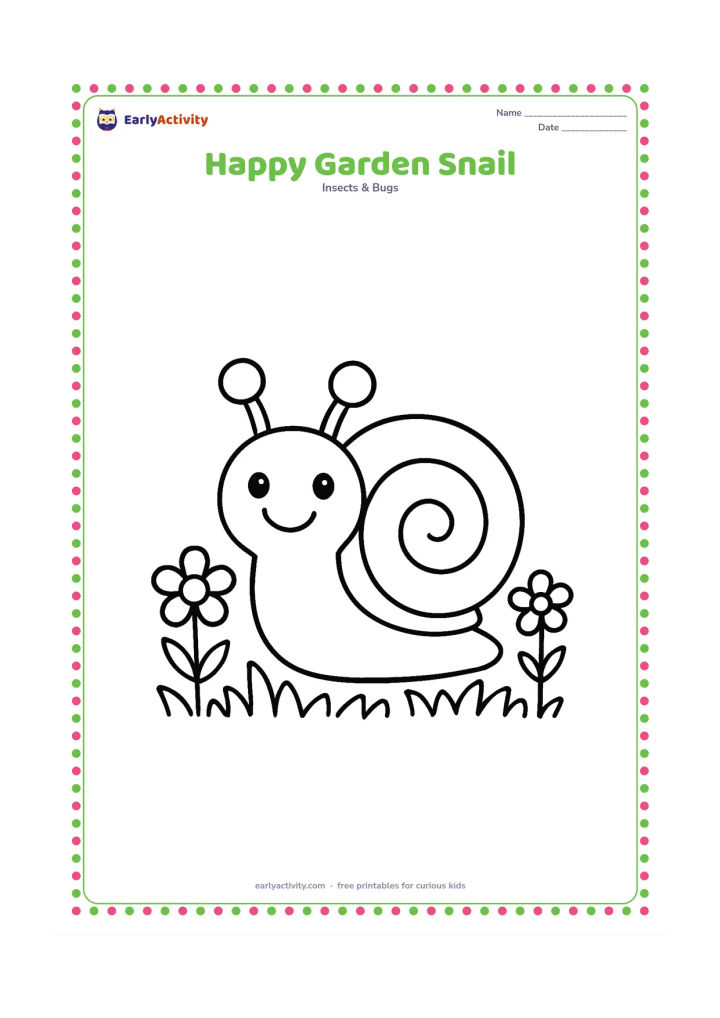 Colouring page: Draw a smiling snail facing forward on short grass, with a large round shell, two feelers, and two simple flowers nearby. Keep the composition centered and open.