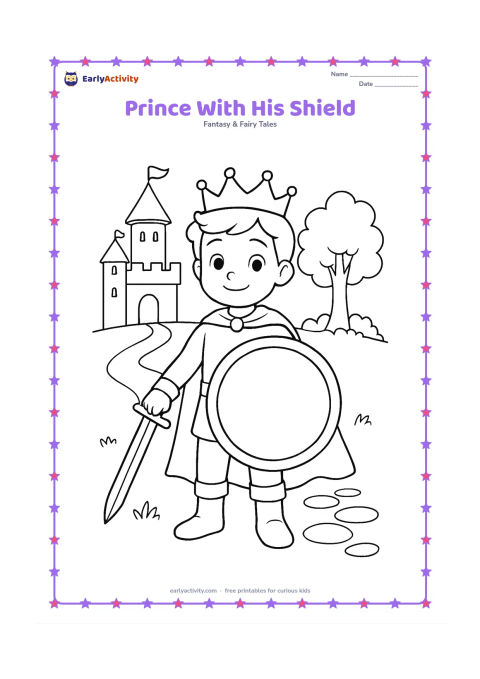 Colouring page: A standing prince proudly holds a large round shield with a blank central panel and a simple sword held safely downward. Behind him are castle battlements, a tree, and a stone path.