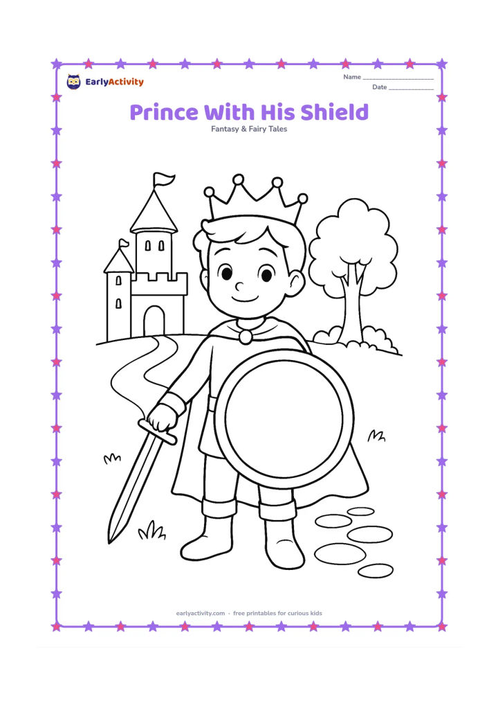 Colouring page: A standing prince proudly holds a large round shield with a blank central panel and a simple sword held safely downward. Behind him are castle battlements, a tree, and a stone path.