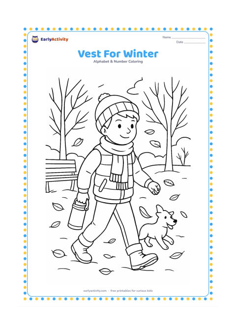 Colouring page: Draw a child wearing a warm vest, scarf, trousers, and boots while walking through a winter park. Add bare trees, a bench, a small dog, falling leaves, and a thermos in the child's hand.