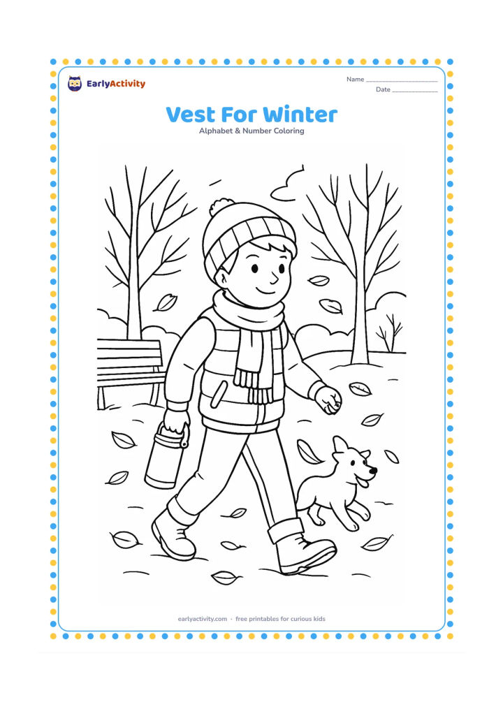 Colouring page: Draw a child wearing a warm vest, scarf, trousers, and boots while walking through a winter park. Add bare trees, a bench, a small dog, falling leaves, and a thermos in the child's hand.