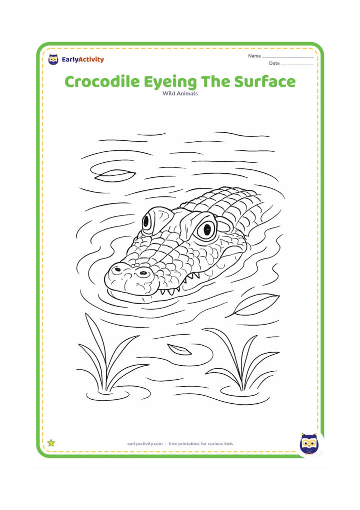 Colouring page: Draw a close, detailed view of a crocodile almost fully submerged, with its eyes and nostrils above the water and reflections, ripples, floating leaves, and submerged plants around it.…