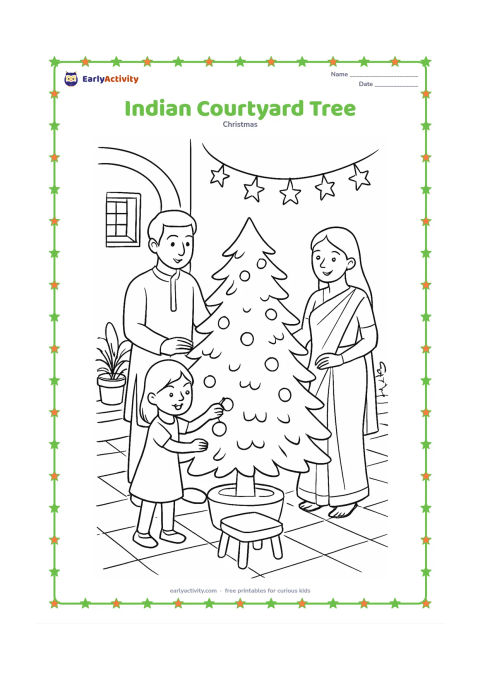 Colouring page: A family decorates a Christmas tree in an Indian home courtyard with a tiled floor, potted plants, a low stool and a string of simple star-shaped decorations. One child places an…
