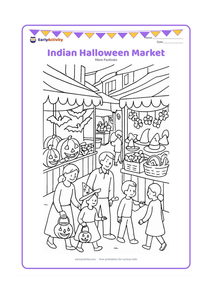 Colouring page: Draw a lively Indian market lane prepared for a gentle Halloween event, with stalls of pumpkins, wrapped treats, costume hats, paper bats, flower garlands, and families browsing. Add…