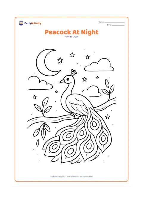 Worksheet: A peacock rests on a tree branch beneath a starry night sky, with a large moon, layered clouds, hanging leaves and a softly opened tail. The curved neck and crest remain clearly visible…