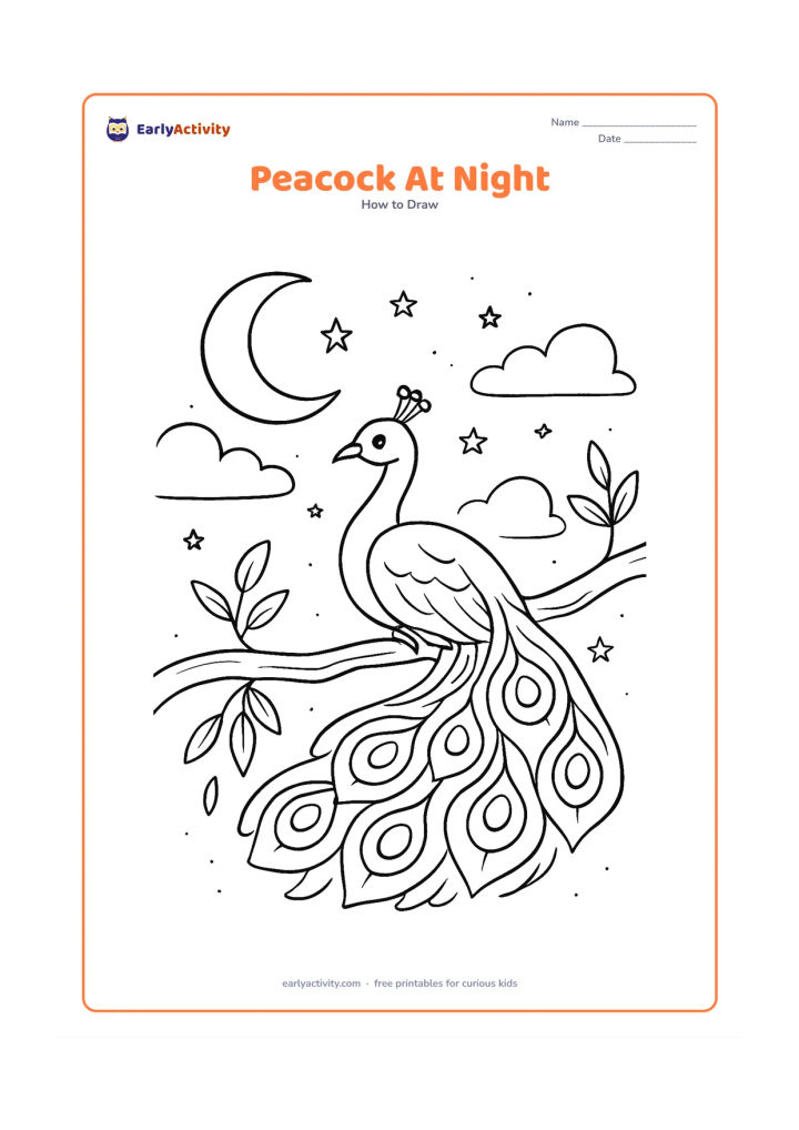 Worksheet: A peacock rests on a tree branch beneath a starry night sky, with a large moon, layered clouds, hanging leaves and a softly opened tail. The curved neck and crest remain clearly visible…