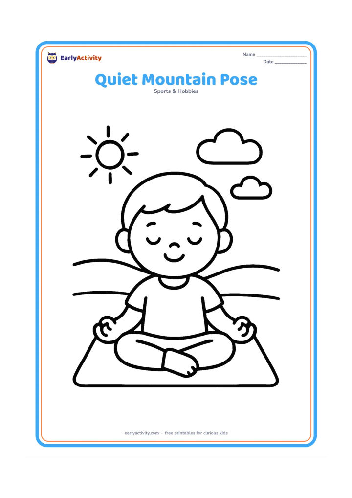 Colouring page: A young child sits cross-legged on a plain yoga mat with hands resting on the knees and eyes gently closed. Add only a small sun, two clouds and a few ground lines behind the child.