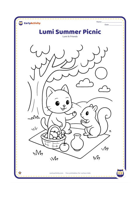 Colouring page: Lumi shares a picnic with a squirrel beneath a shady tree, beside a mat, a fruit basket and a clay water pot. Add broad tree branches, grass and a bright summer sky.