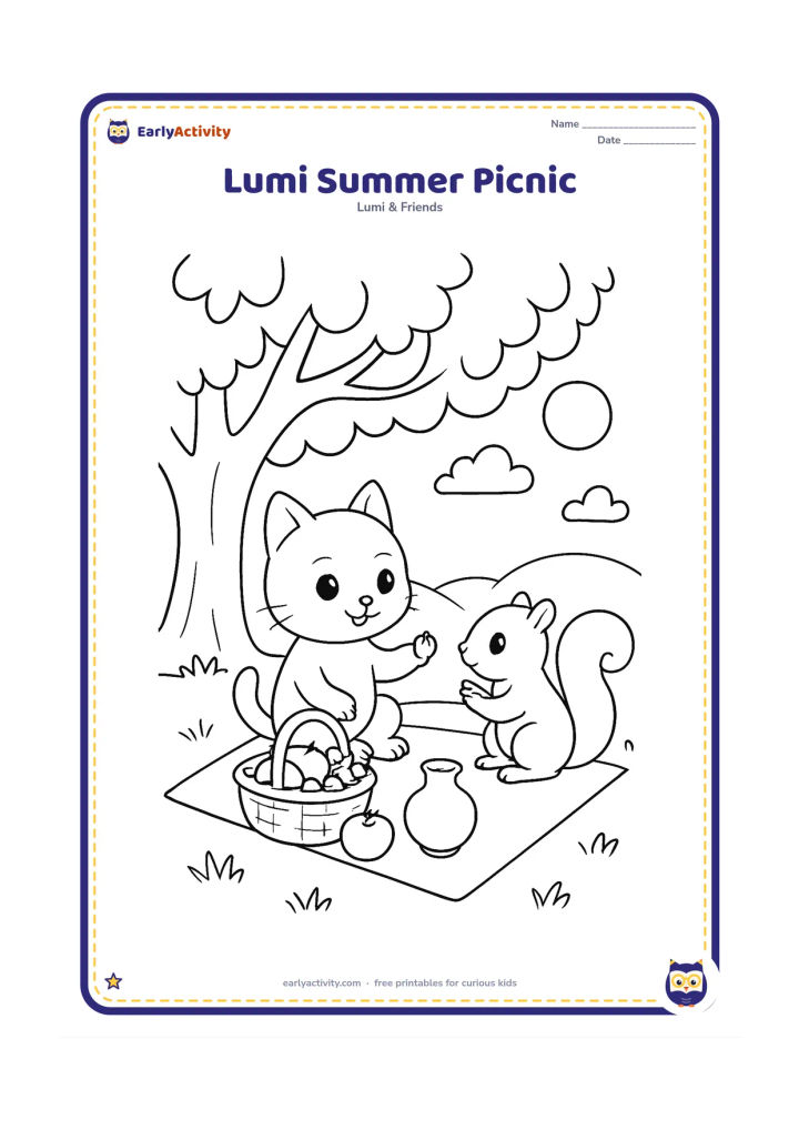 Colouring page: Lumi shares a picnic with a squirrel beneath a shady tree, beside a mat, a fruit basket and a clay water pot. Add broad tree branches, grass and a bright summer sky.