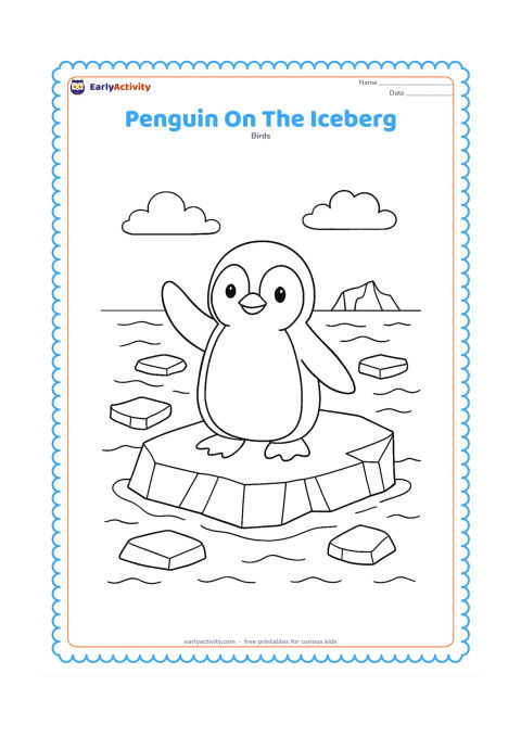 Colouring page: Draw a penguin standing confidently on a broad iceberg with one flipper raised. Surround it with floating ice pieces, calm waves, and a distant low iceberg.