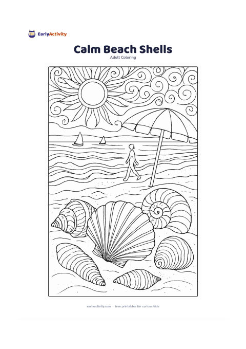 Colouring page: Show a quiet beach with several large seashells in the foreground, gentle waves, a sun umbrella, and a person strolling along the shoreline. Include distant boats as simple unfilled shapes.