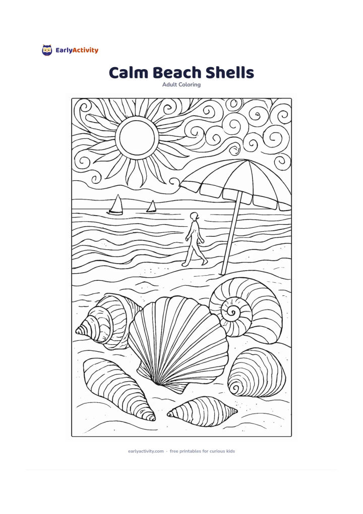 Colouring page: Show a quiet beach with several large seashells in the foreground, gentle waves, a sun umbrella, and a person strolling along the shoreline. Include distant boats as simple unfilled shapes.