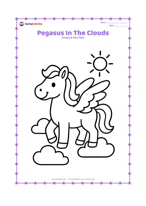 Colouring page: Draw one friendly pegasus standing among three large fluffy clouds, with wide open wings, a flowing mane and a smiling face. Keep the background nearly empty with one small sun and…