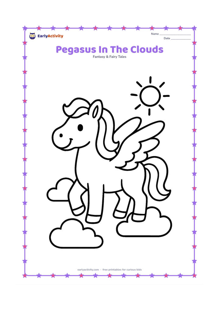 Colouring page: Draw one friendly pegasus standing among three large fluffy clouds, with wide open wings, a flowing mane and a smiling face. Keep the background nearly empty with one small sun and…