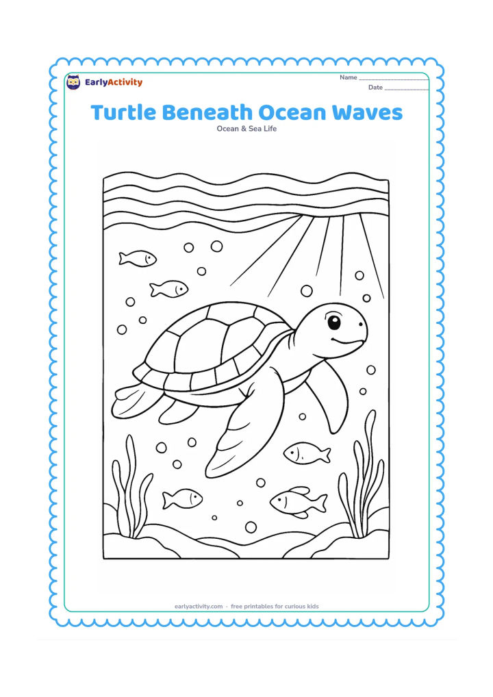 Colouring page: Draw a sea turtle below a richly curved ocean surface, with overlapping wave lines above, sunbeams, bubbles, floating sea plants, and fish at different depths.