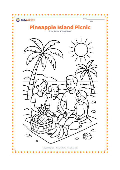 Colouring page: A family picnic near a tropical beach with a pineapple, bananas, mangoes, and a basket on a cloth, plus palm trees, waves, shells, and a bright sun.