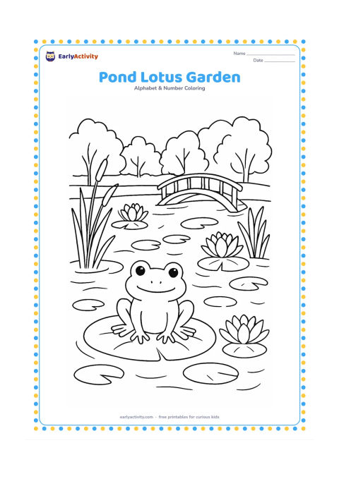 Colouring page: Draw a peaceful pond with a frog on a lotus leaf, several lotus flowers, reeds, lily pads and a small wooden footbridge. Include reflected trees along the far bank.