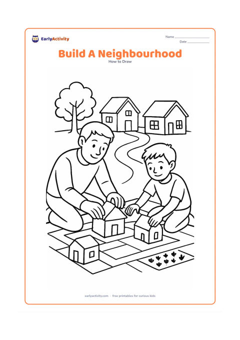 Worksheet: Draw a detailed scene in which a child and an adult arrange simple house-shaped building pieces on a large ground plan, with three finished homes nearby, a tree, a footpath and a small…