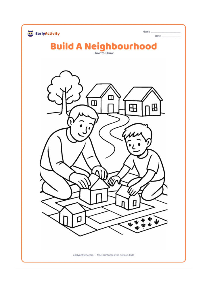 Worksheet: Draw a detailed scene in which a child and an adult arrange simple house-shaped building pieces on a large ground plan, with three finished homes nearby, a tree, a footpath and a small…