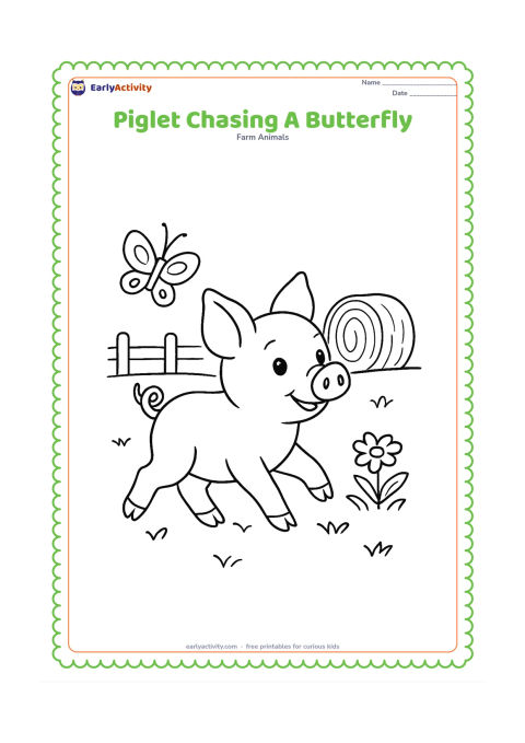 Colouring page: A playful piglet trots after a butterfly across a grassy farmyard, with one hay bale, a low fence and a small flower patch behind it.