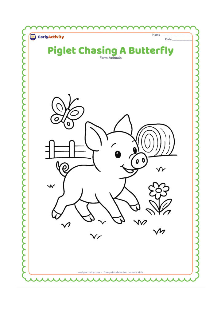 Colouring page: A playful piglet trots after a butterfly across a grassy farmyard, with one hay bale, a low fence and a small flower patch behind it.