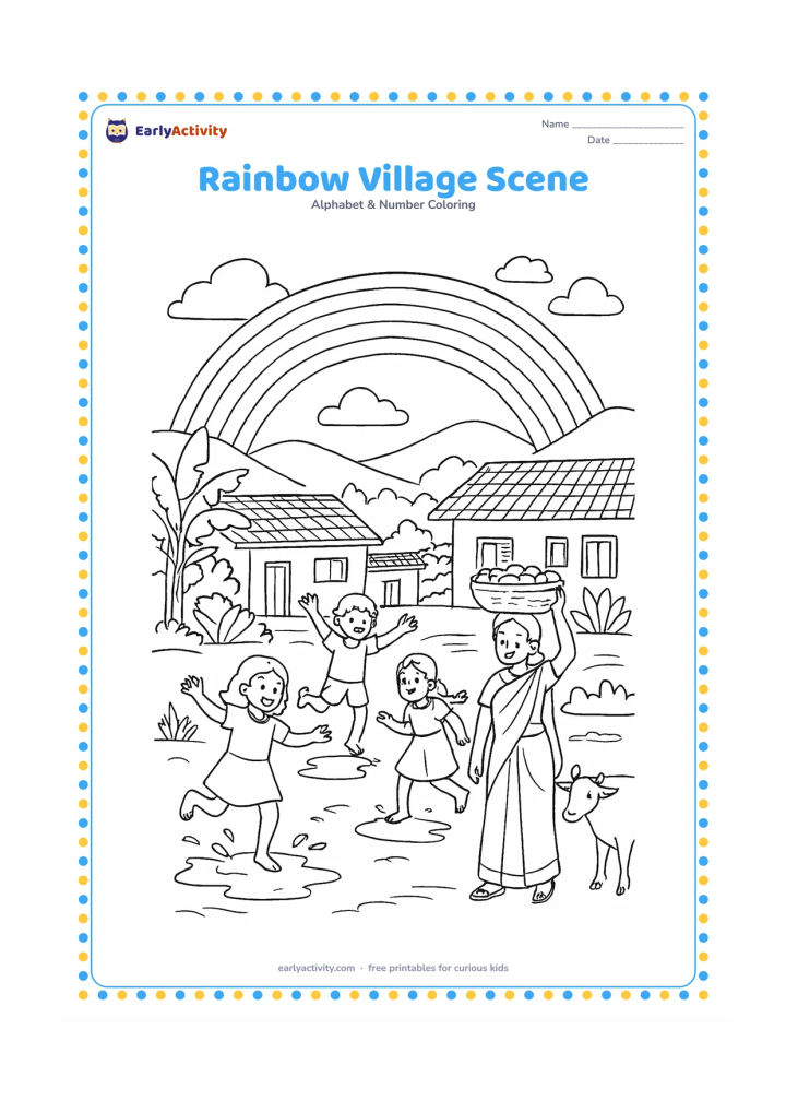 Colouring page: Draw a rainbow over an Indian village after rain, with children jumping around puddles, a woman carrying a basket, tiled-roof homes, banana plants, a cow and distant hills. Arrange the…