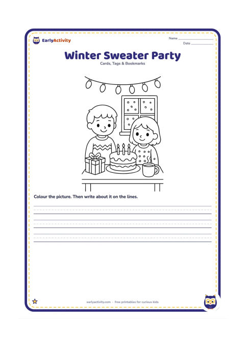 Worksheet: Draw two children wearing cosy sweaters beside a small indoor birthday table with cake, gifts, and a mug of warm milk. Add a window with simple falling snow outside and a string of large…