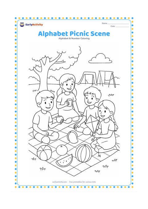 Colouring page: Draw children having a picnic with familiar objects including an apple, ball, cup, kite, mango, orange, umbrella and watermelon. Set the scene in an Indian park with a tree, picnic…