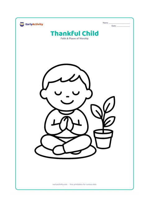 Colouring page: A smiling child sits with folded hands and closed eyes on a plain cushion, with one simple potted plant beside the child.