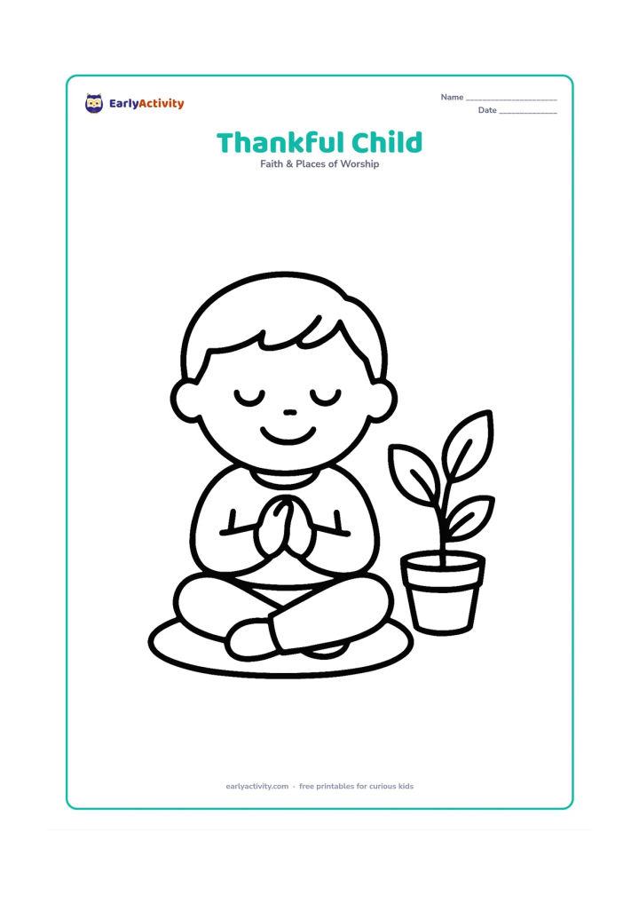 Colouring page: A smiling child sits with folded hands and closed eyes on a plain cushion, with one simple potted plant beside the child.