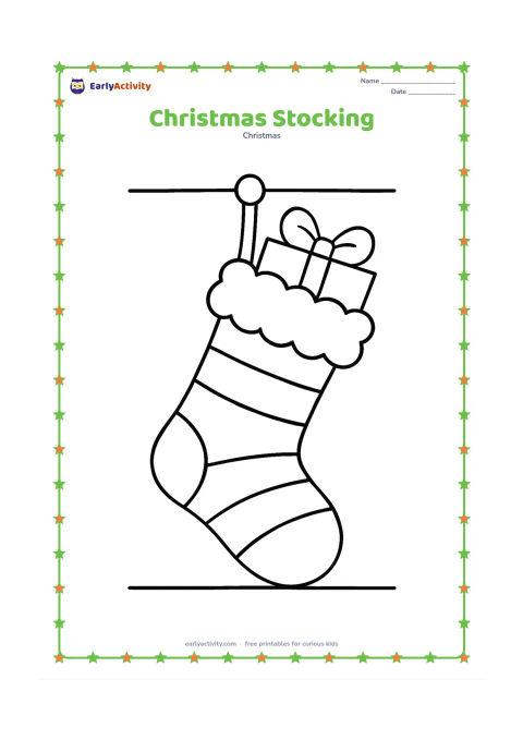 Colouring page: A big striped Christmas stocking hangs from a simple peg, with a fluffy cuff and one large gift peeking out beside it. Show a plain wall behind the stocking.