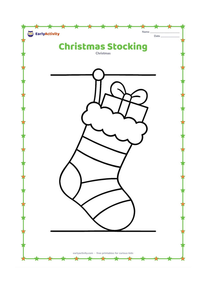Colouring page: A big striped Christmas stocking hangs from a simple peg, with a fluffy cuff and one large gift peeking out beside it. Show a plain wall behind the stocking.
