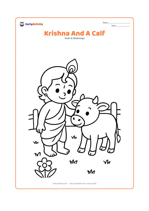 Colouring page: Draw child Krishna gently touching the head of a friendly calf beside him. Include a large grassy patch, one flower, and a simple fence made from rounded posts.