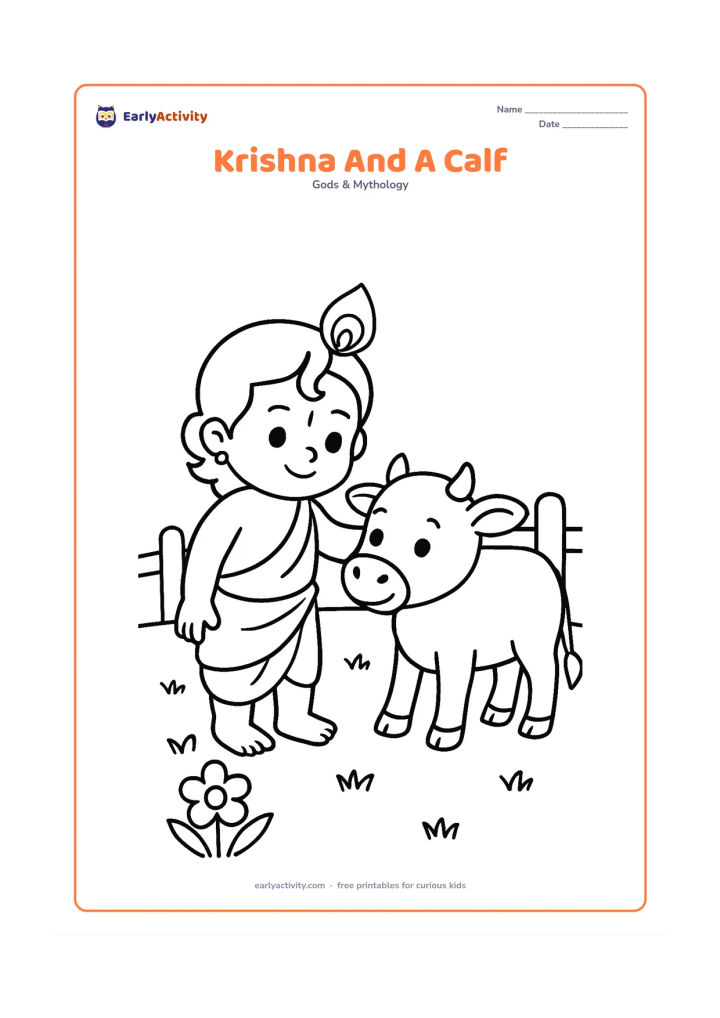 Colouring page: Draw child Krishna gently touching the head of a friendly calf beside him. Include a large grassy patch, one flower, and a simple fence made from rounded posts.