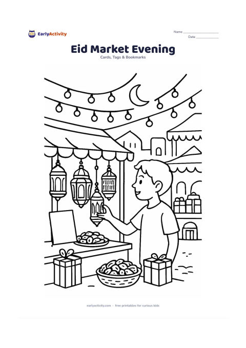 Worksheet: A lively evening market street has a child choosing a lantern from a stall, with hanging lights, fabric canopies, gift boxes, and baskets of dates. Place a crescent moon above and leave…
